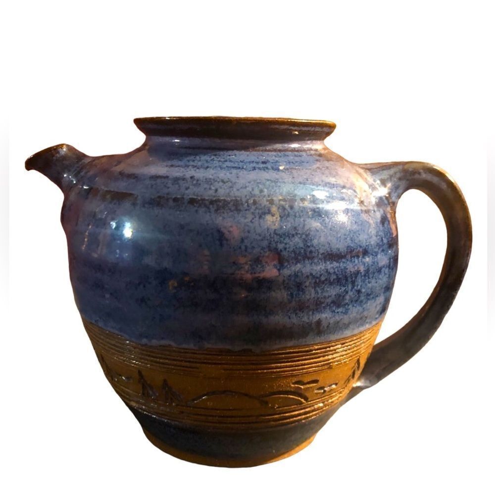 Studio Art Pottery Artisian Clay Pitcher Thrown Glazed Blue Brownish Maple